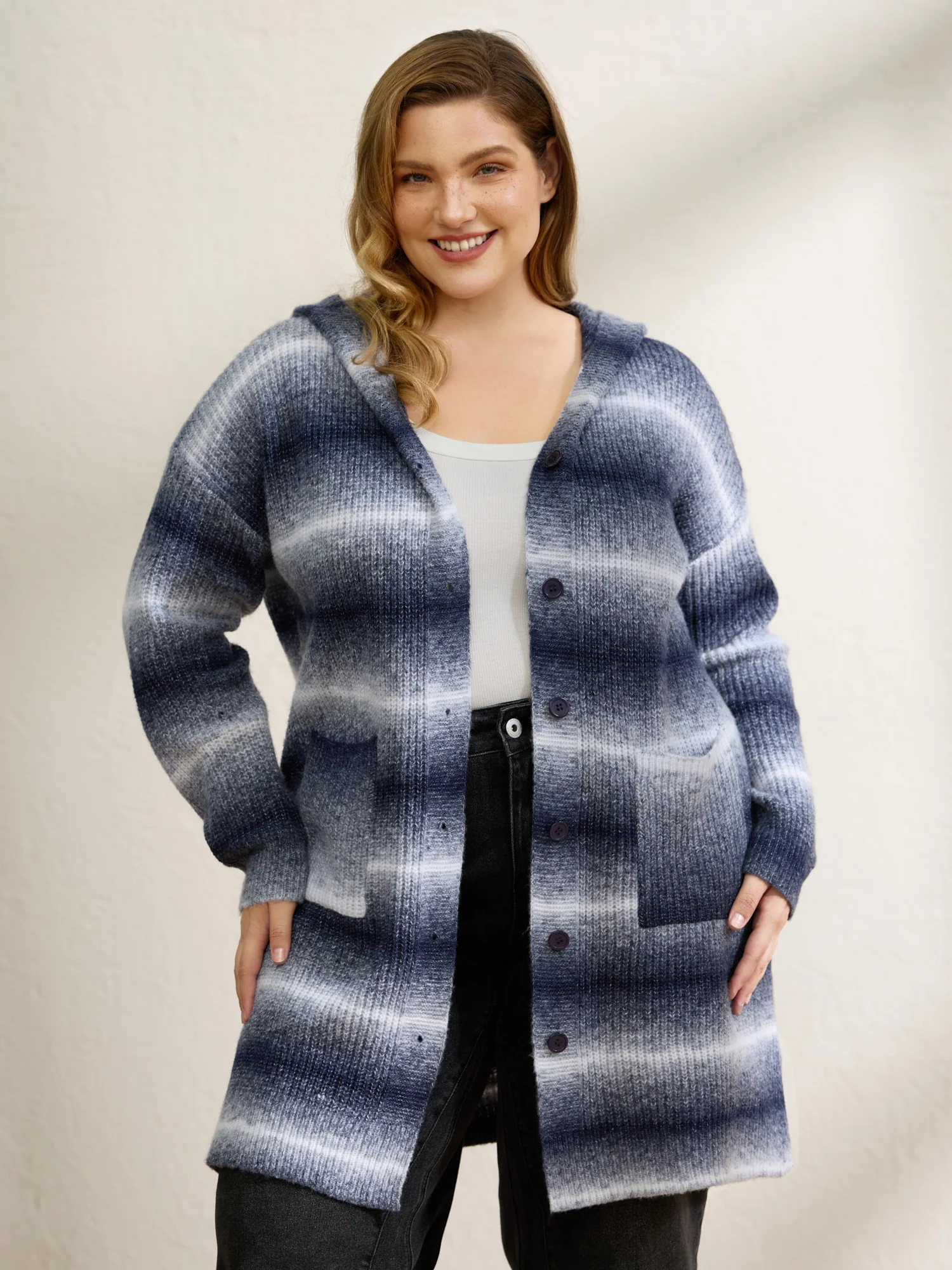 Color Gradient Textured Hooded Cardigan