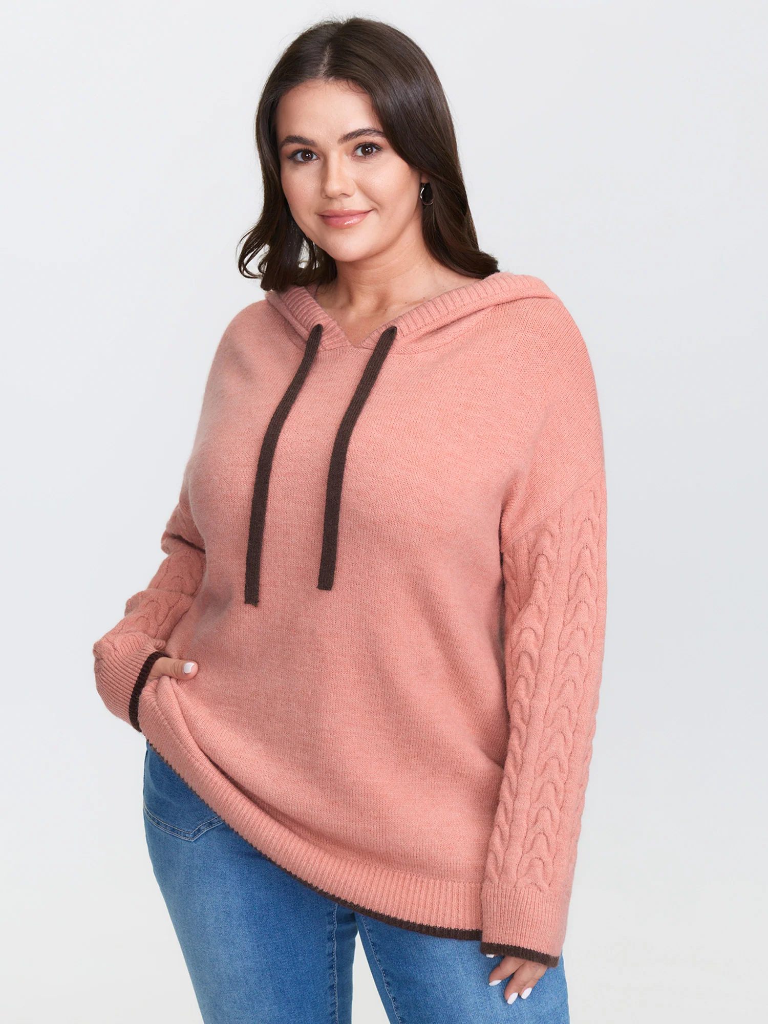 Textured Color Contrast Hooded Pullover