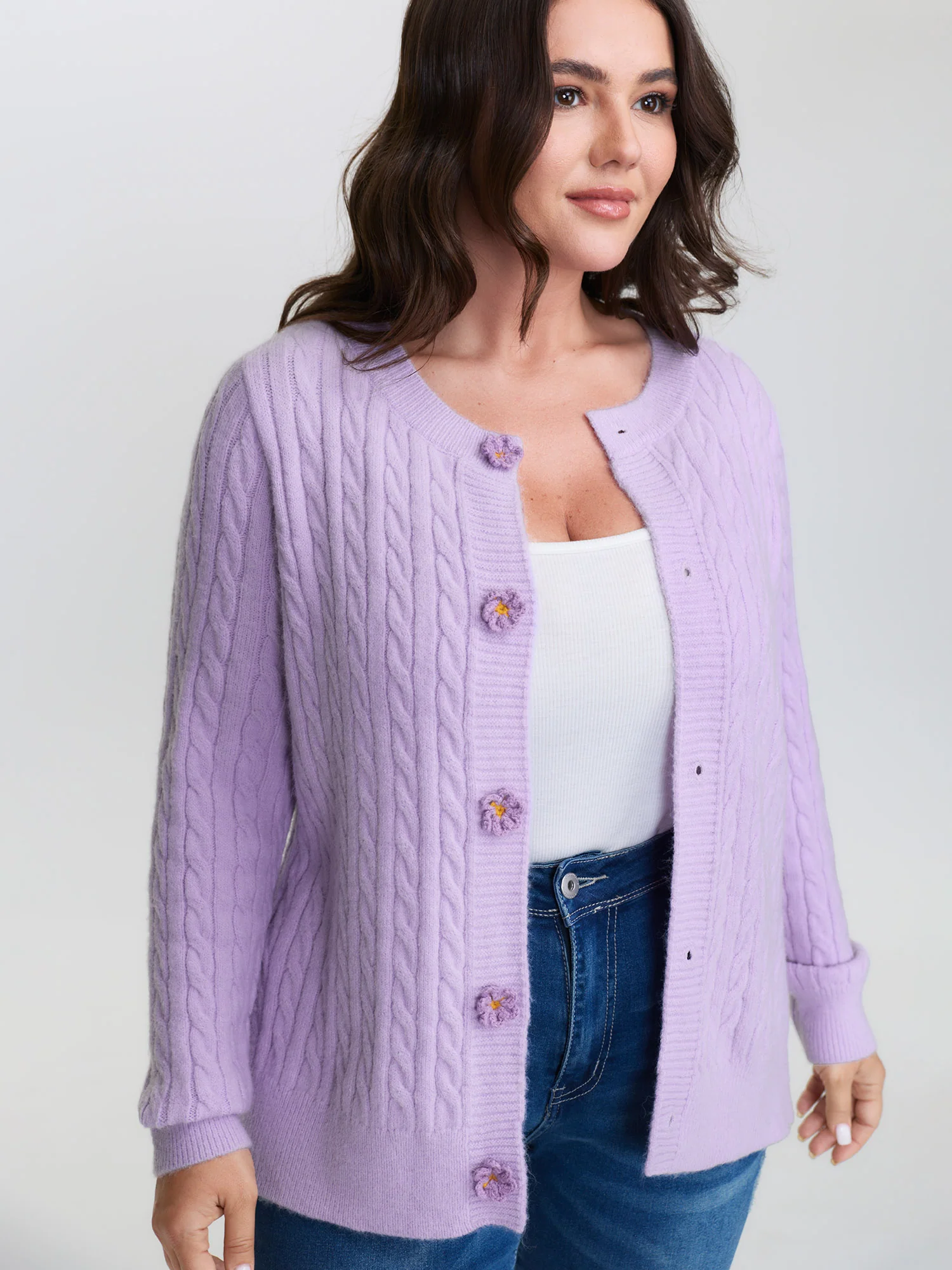 Supersoft Twist Textured Floral Buttons Knit Cardigan