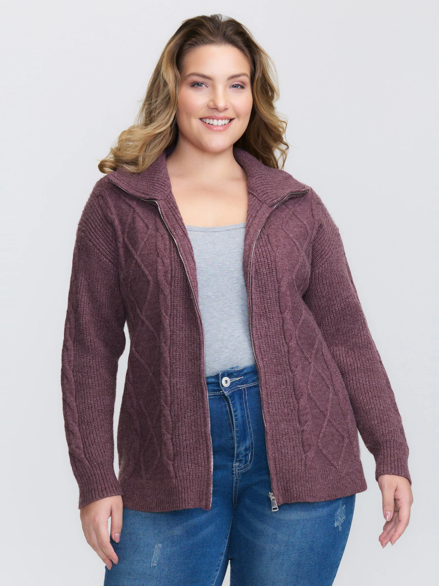 Textured Zipper Solid Knit Cardigan