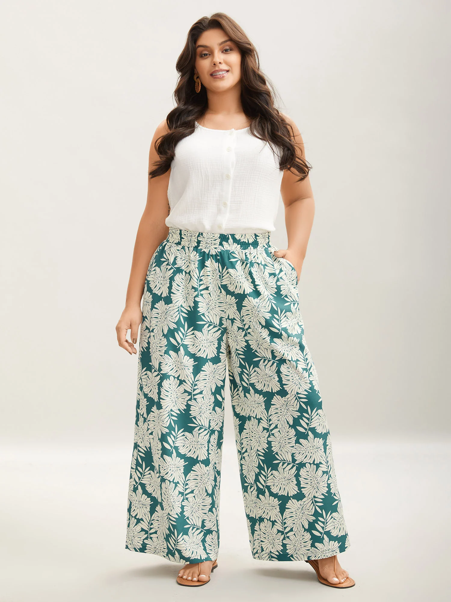 Tropical Leaf Pattern Shirred Wide-Leg Pants