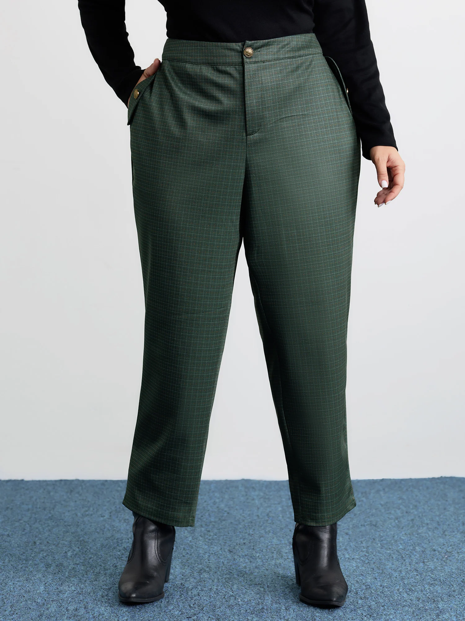 Checkered Buckles Straight-Leg Pants
