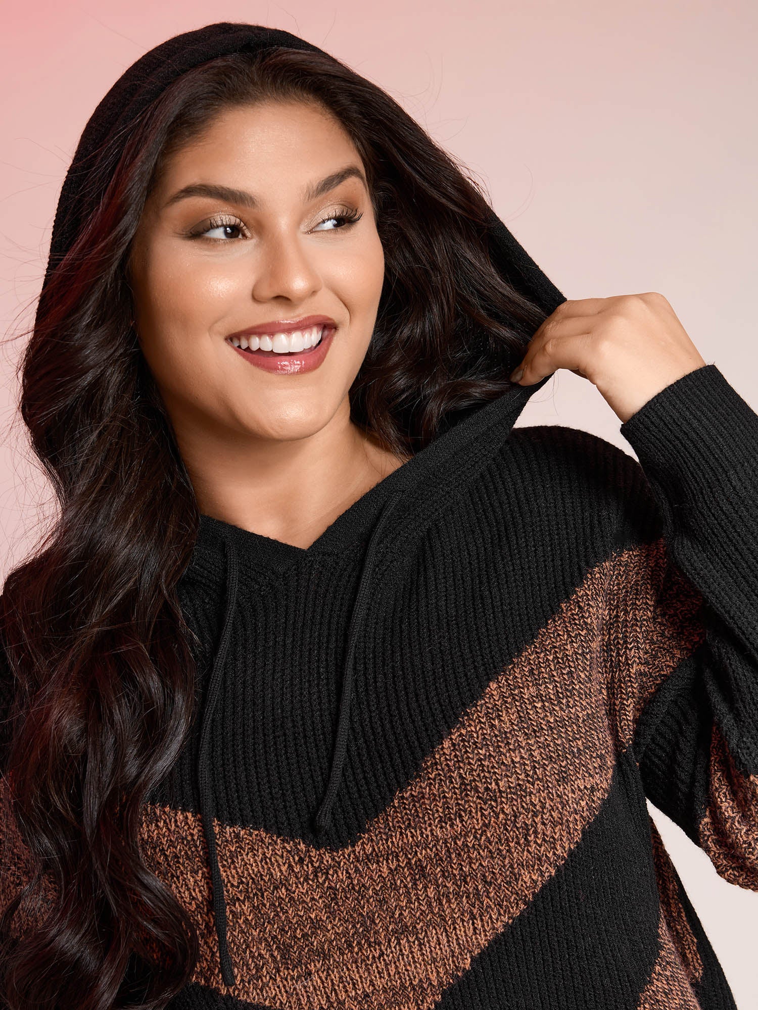 Blended Yarn Colorblock Hooded Pullover