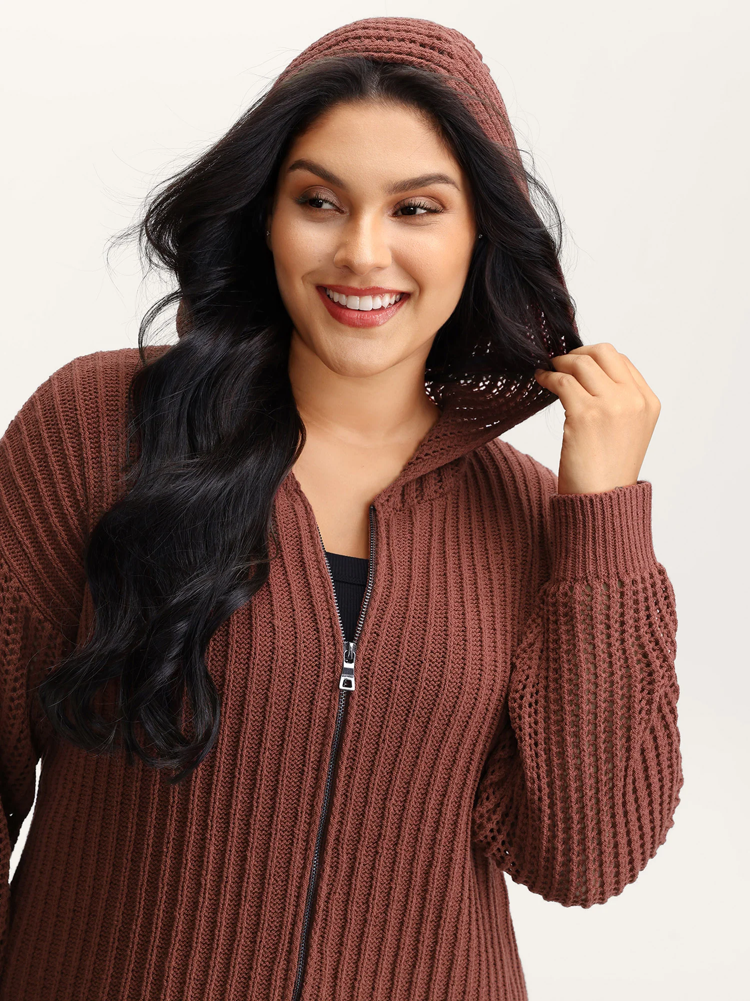 Textured Zipper Front Hooded Knit Cardigan