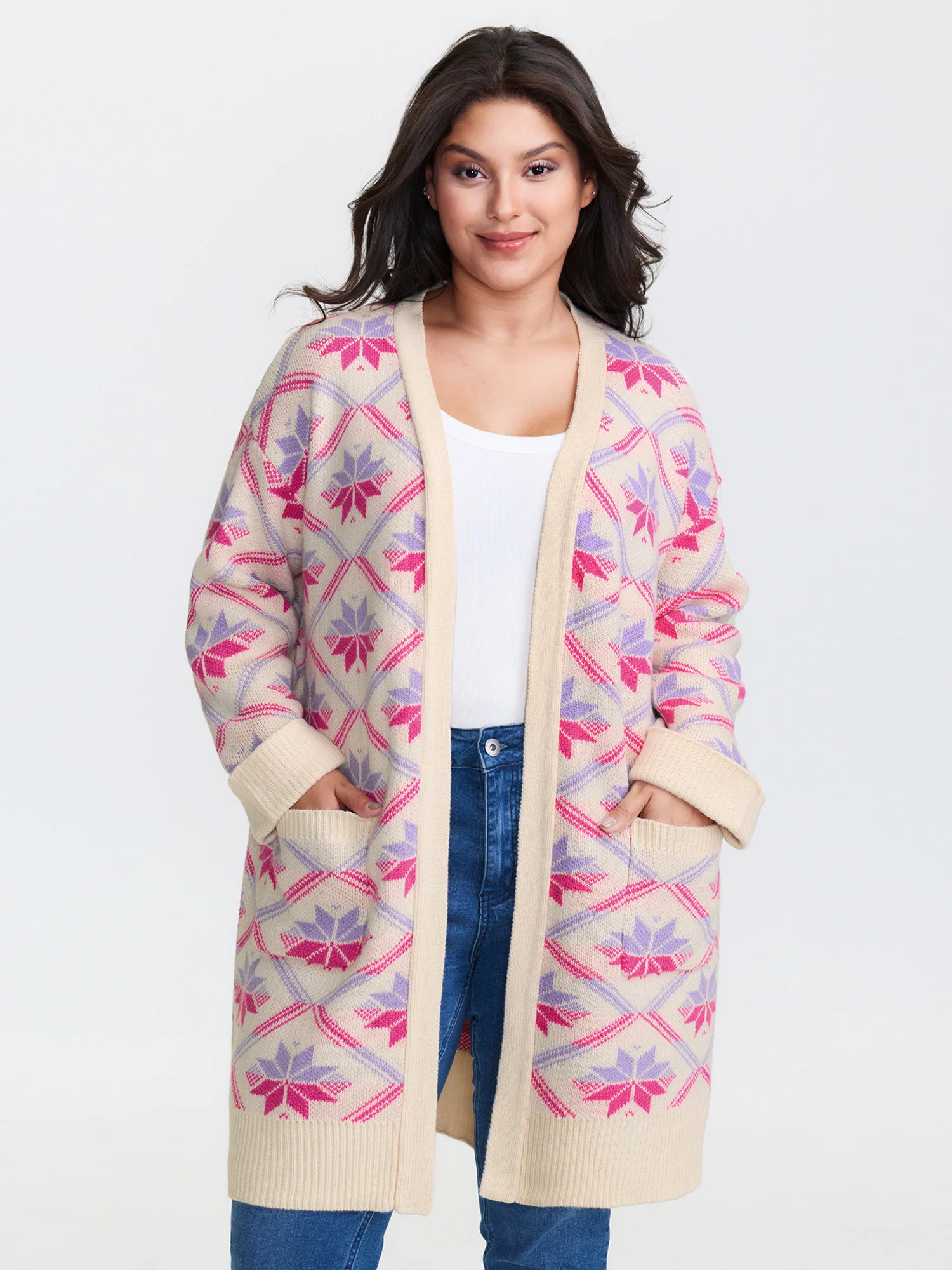 Geometric Snowflake Pattern Pockets Knit Cardigan