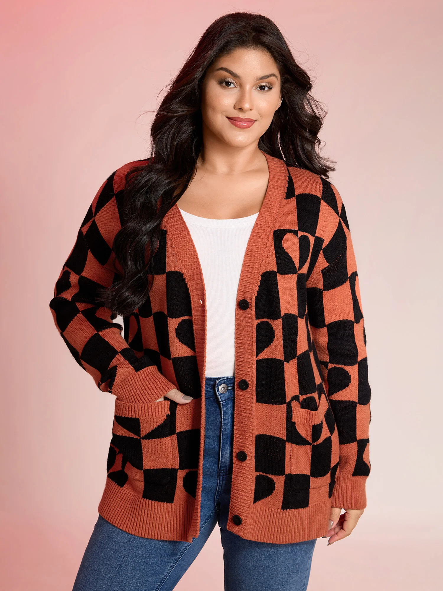 Supersoft Checkered Hearts Stretchy Knit Cardigan