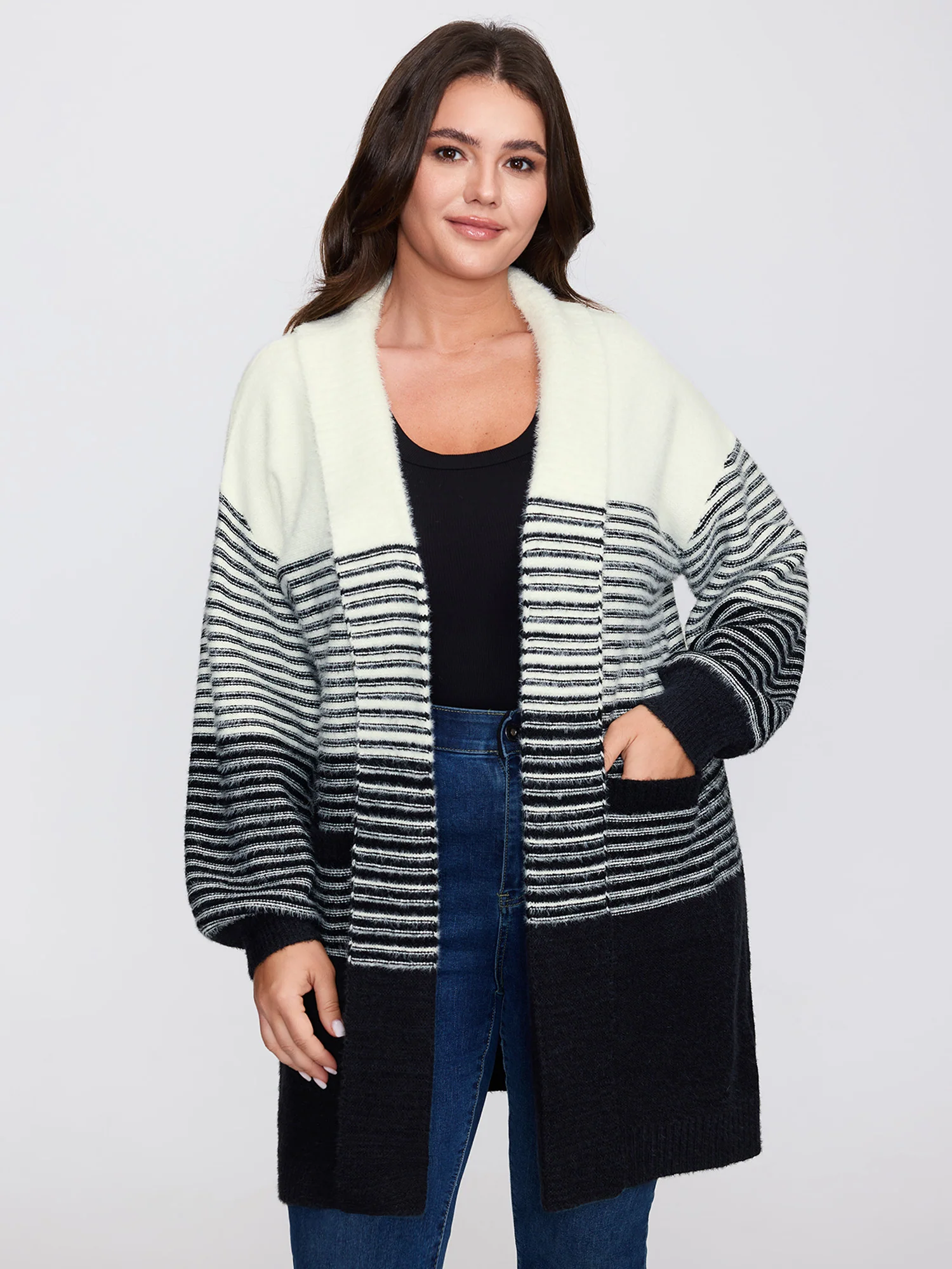 Colorblock Pockets Folded Collar Knit Cardigan