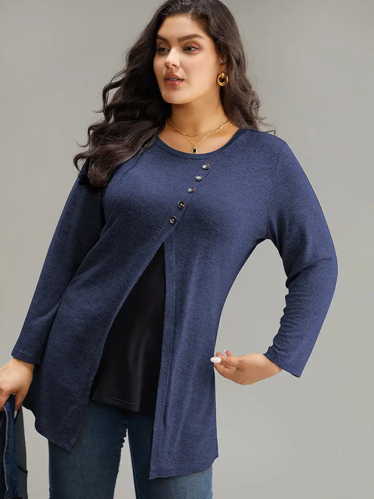 Contrast Patchwork Crew Neck Button Detail T-Shirt