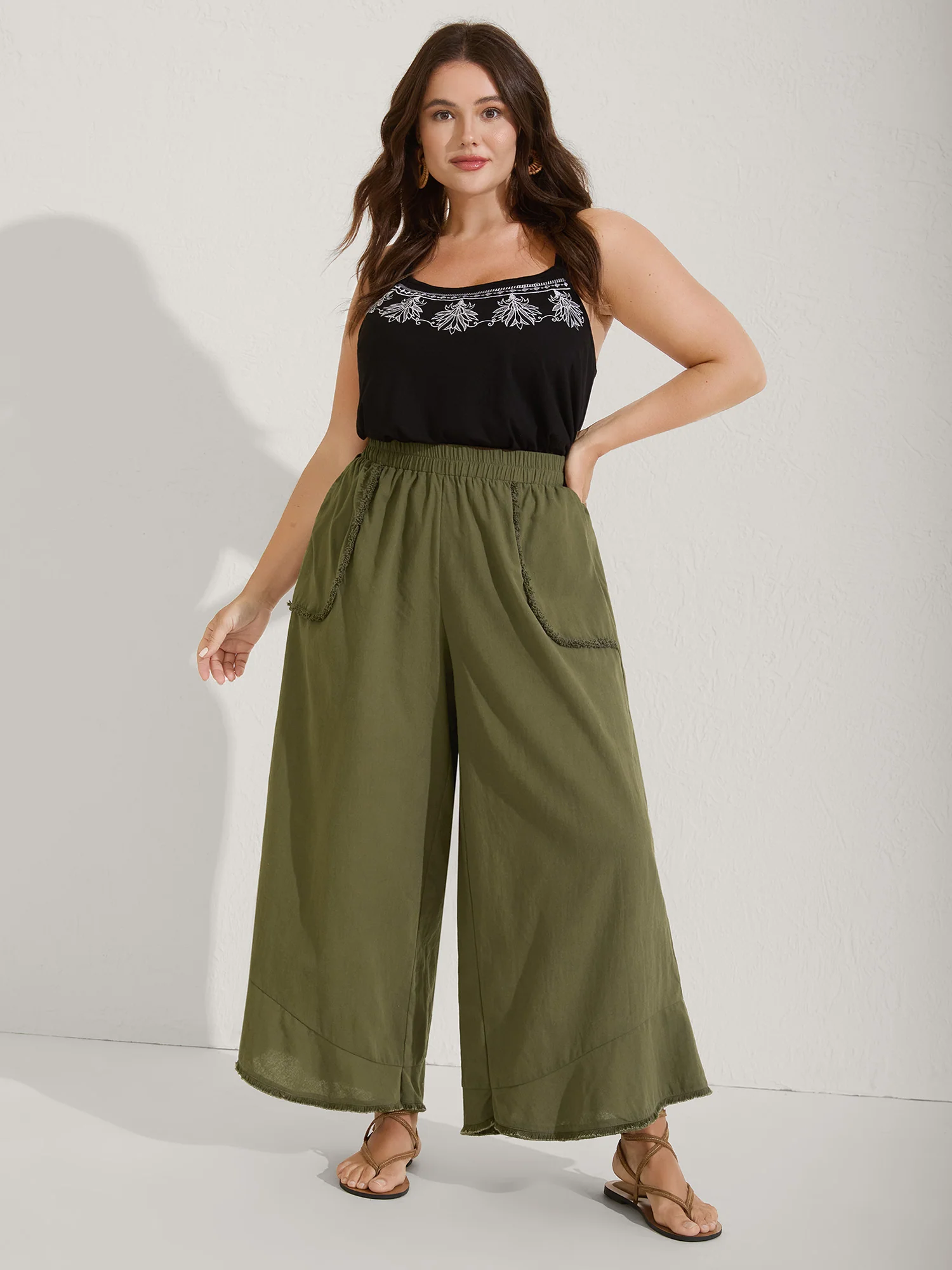 Stretchy Waist Frayed Hem Wide-Leg Pants