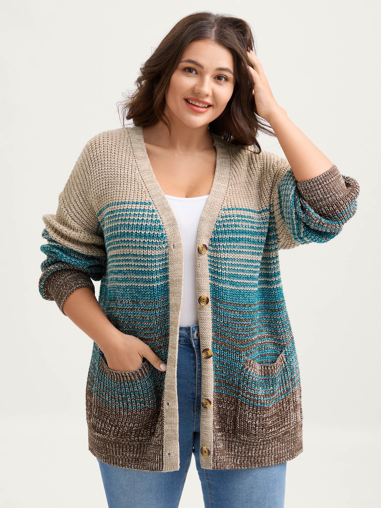Colorful Stripes Button Pockets Knit Cardigan