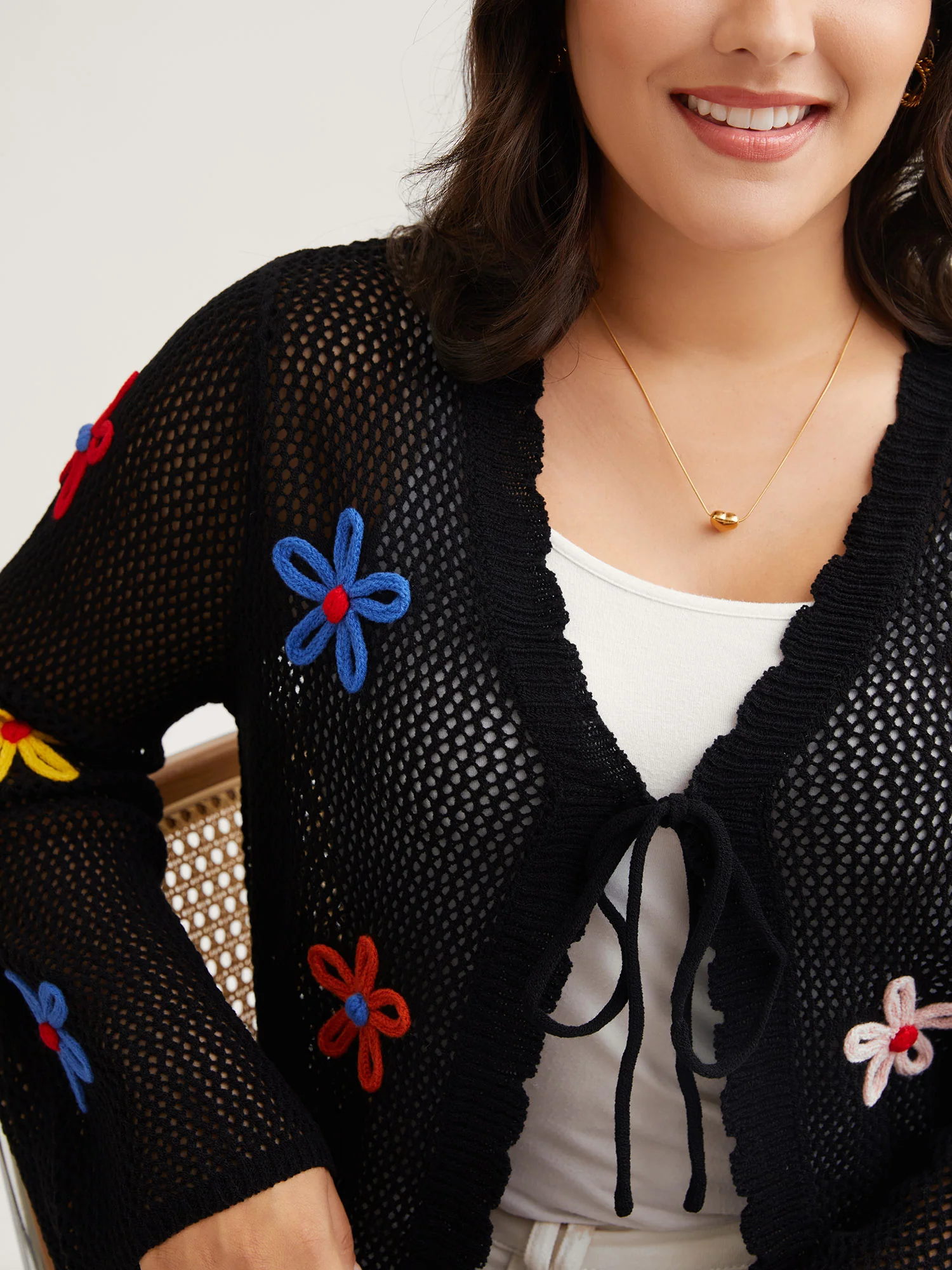Knit Floral Front Tie Cardigan