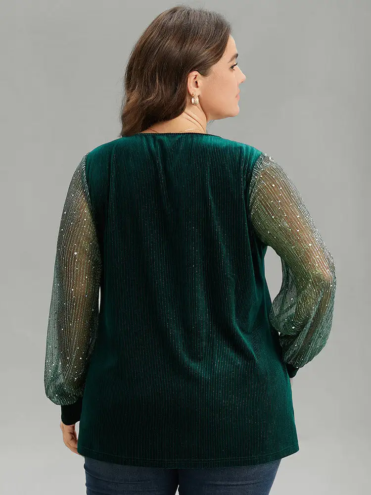 Velvet Patchwork Mesh Sequin Notched T-Shirt