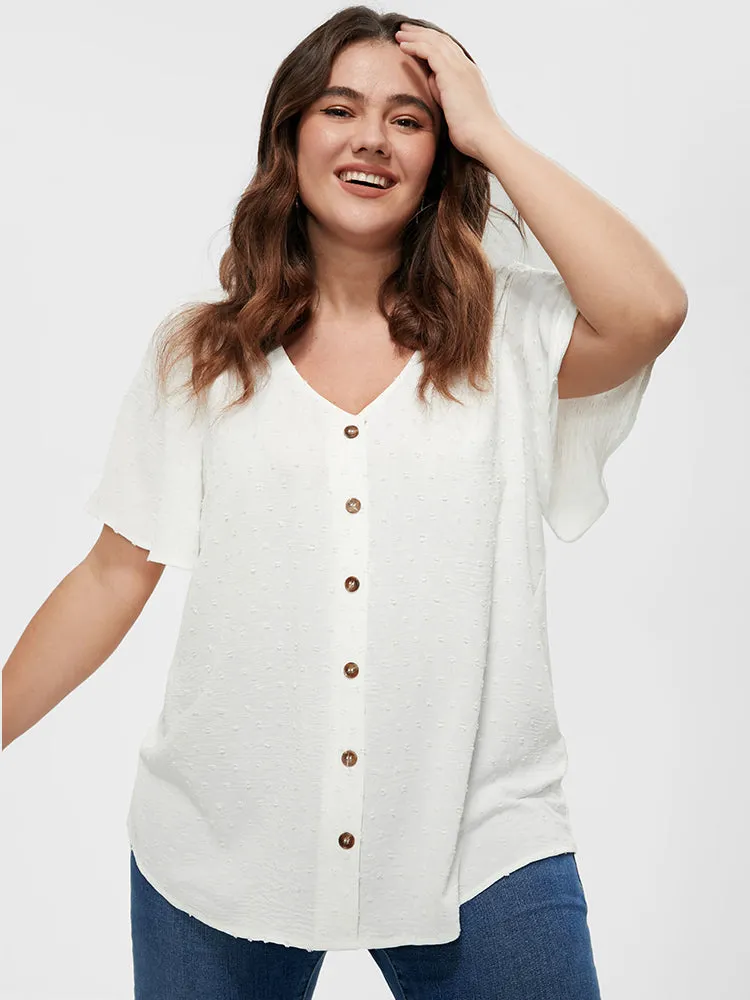 Solid Button V Neck Ruffles Blouse