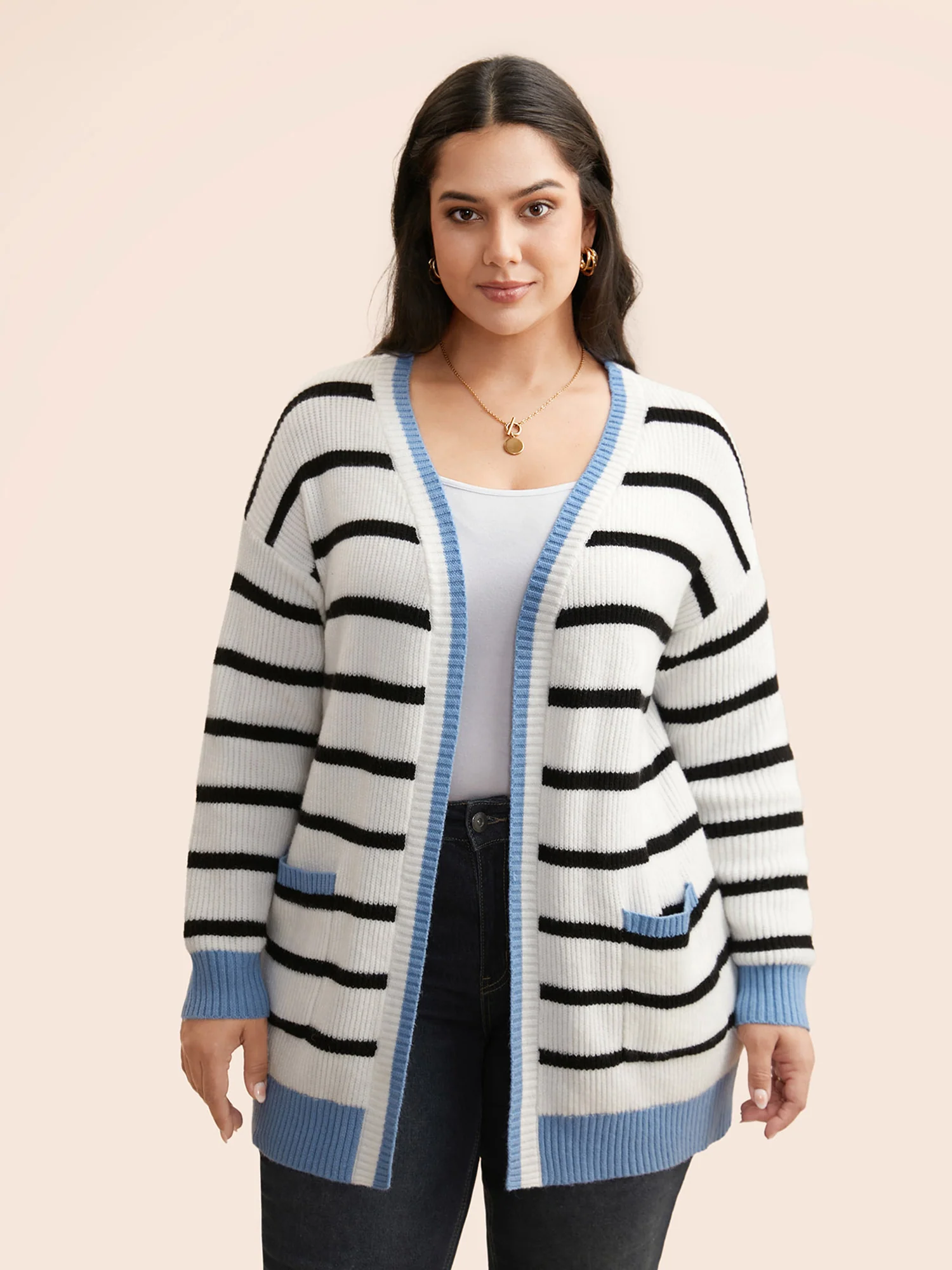Supersoft Essentials Kimono Collar Contrast Striped Cardigan