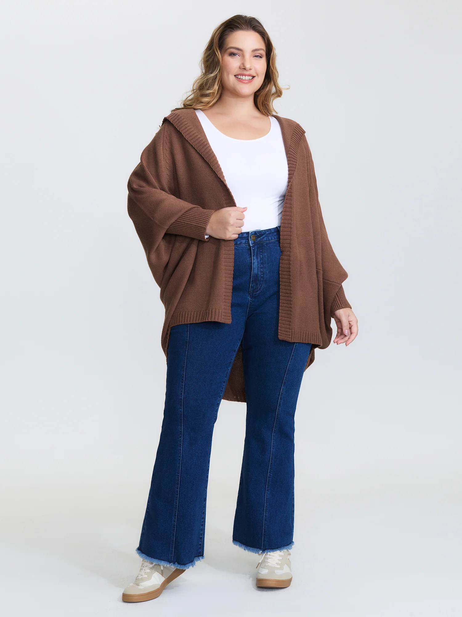 Coccoon Shaped Hooded Front-Open Knit Cardigan