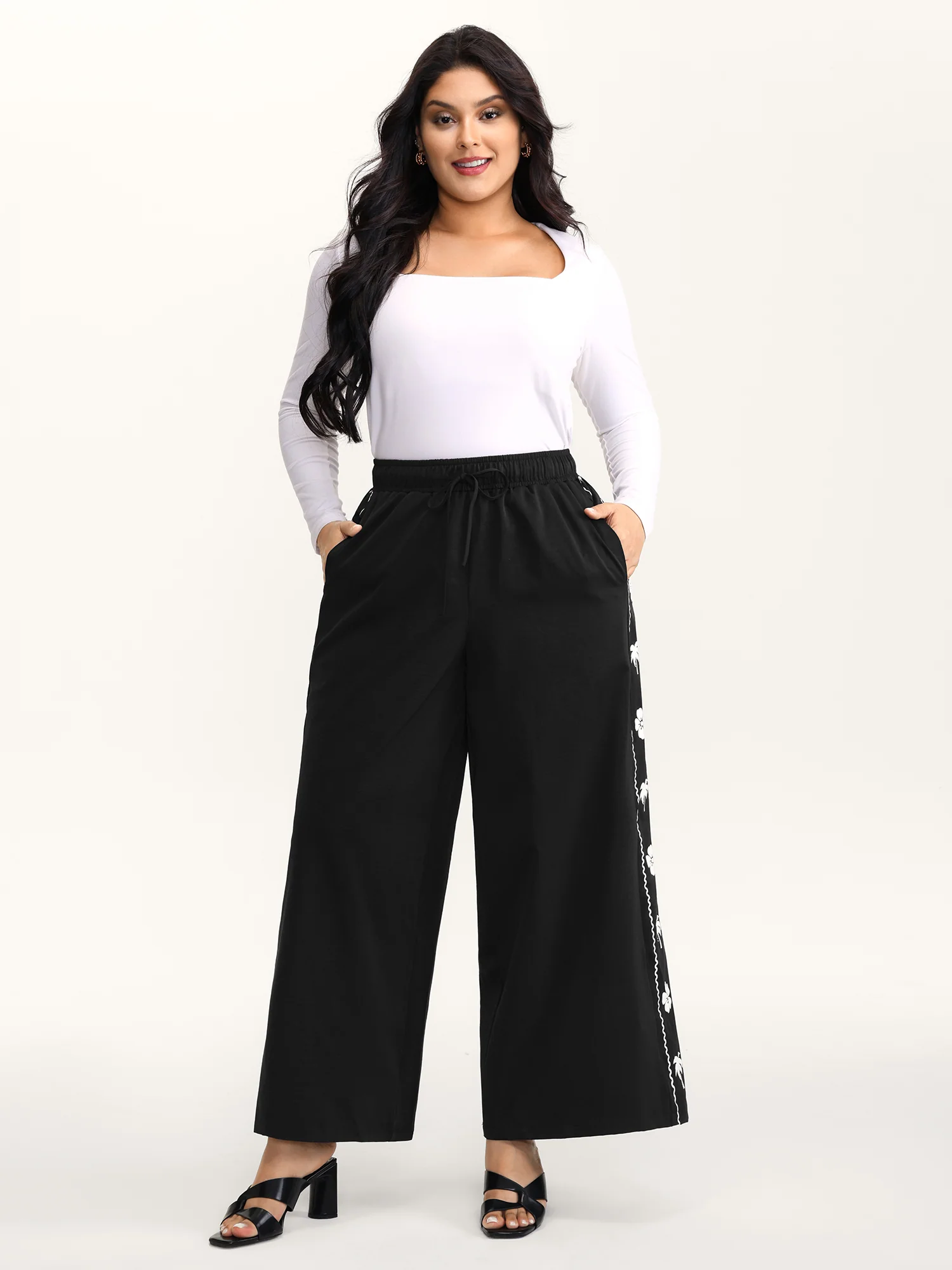 Floral Side Drawstring Wide-Leg Pants