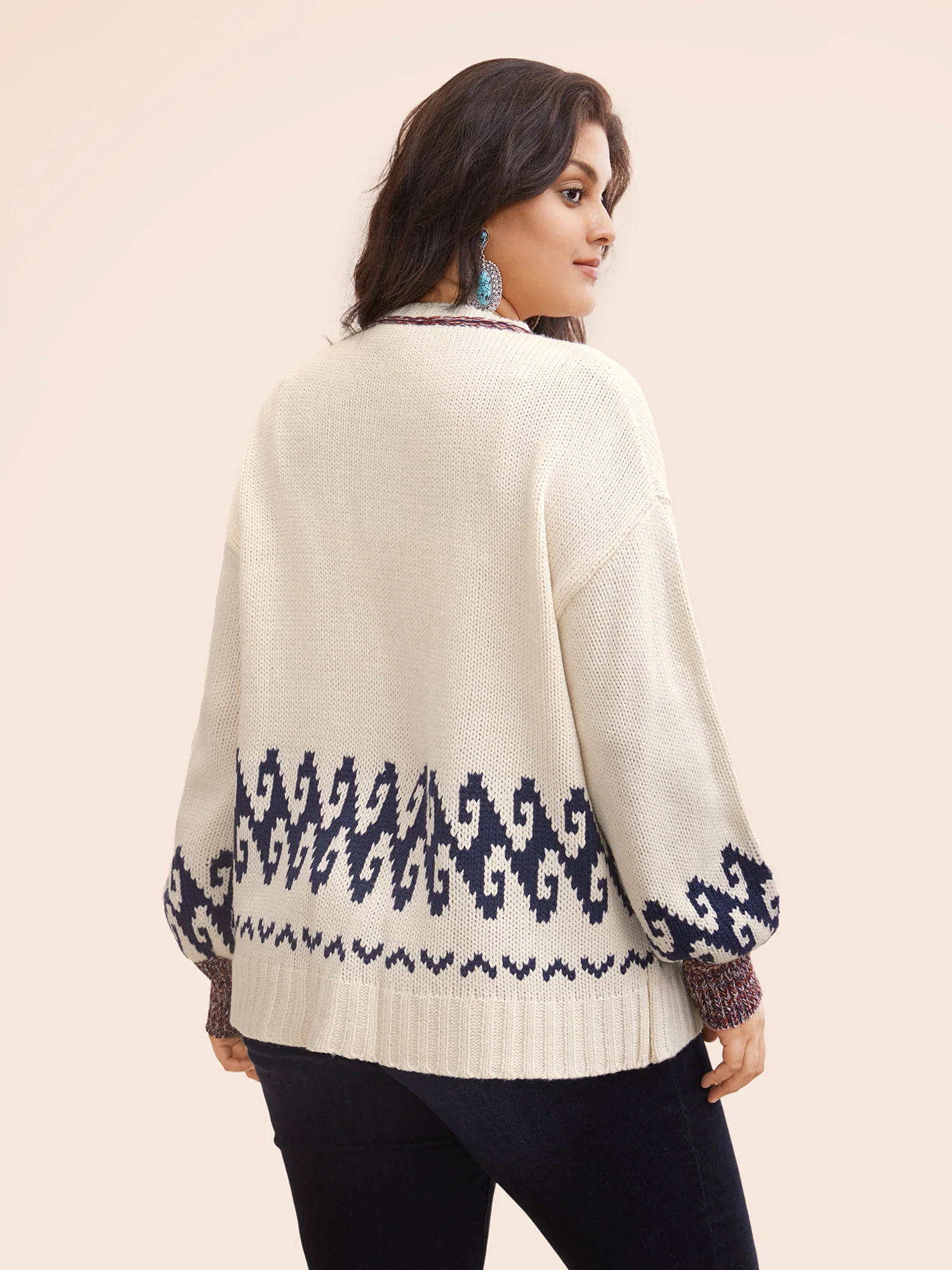 Fair Isle Balloon Sleeve Crew Neck Cardigan