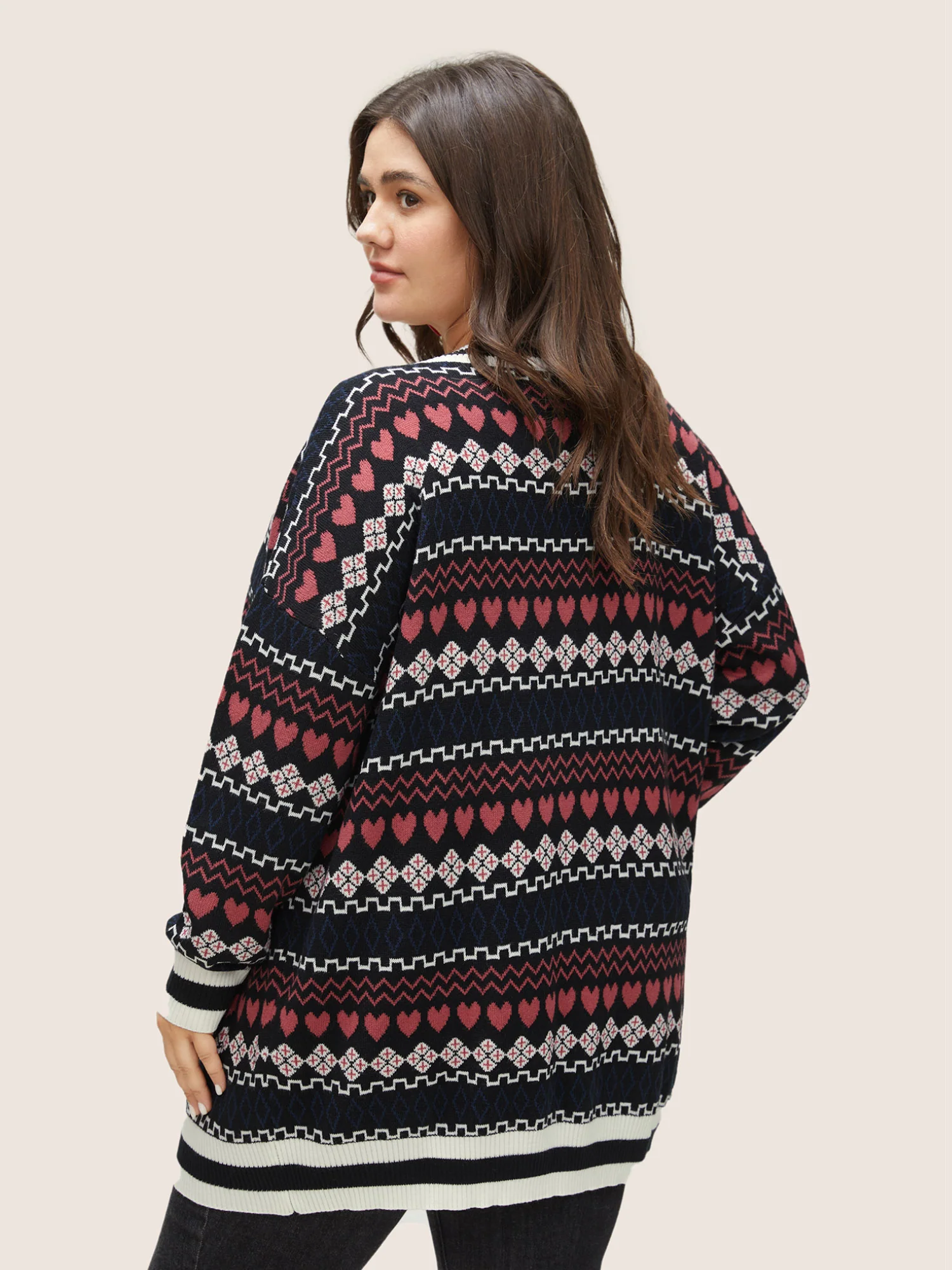 Heart Geometric Jacquard Pocket Cardigan