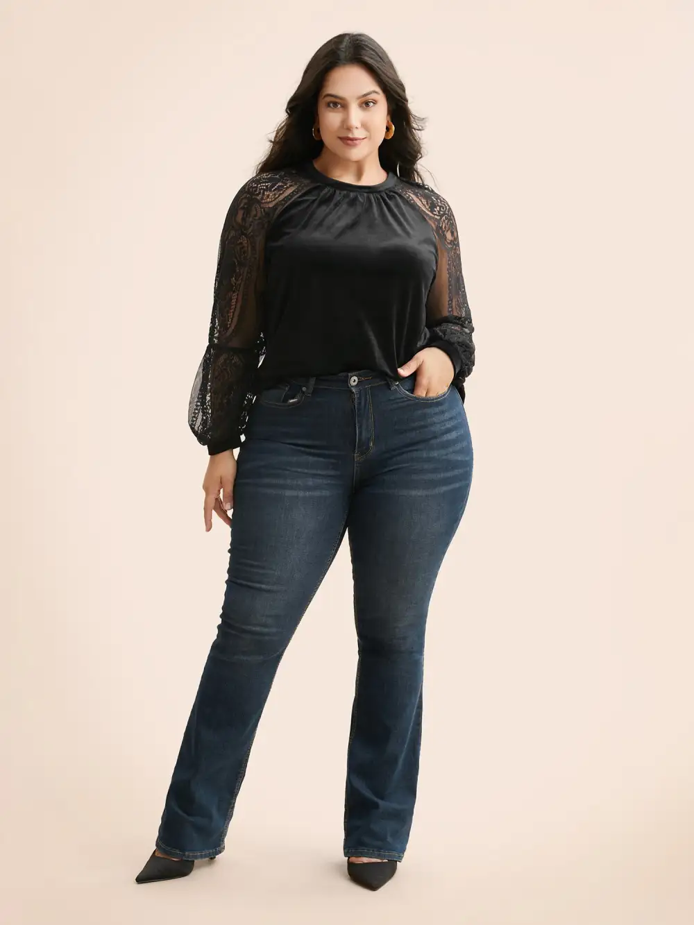 Lace Patchwork Velvet Raglan Sleeve Blouse