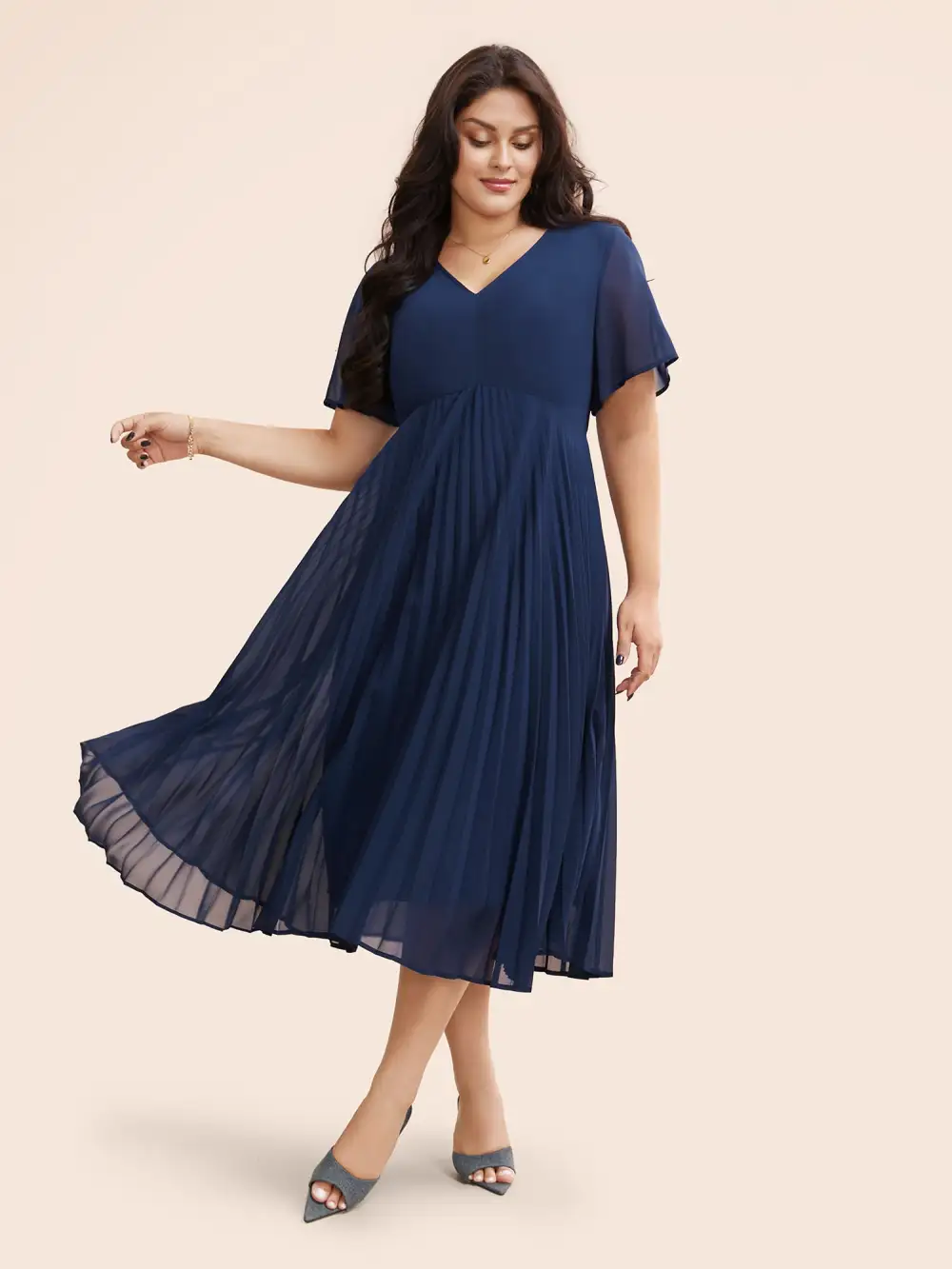 Solid Chiffon Pleated Ruffle Sleeve Dress
