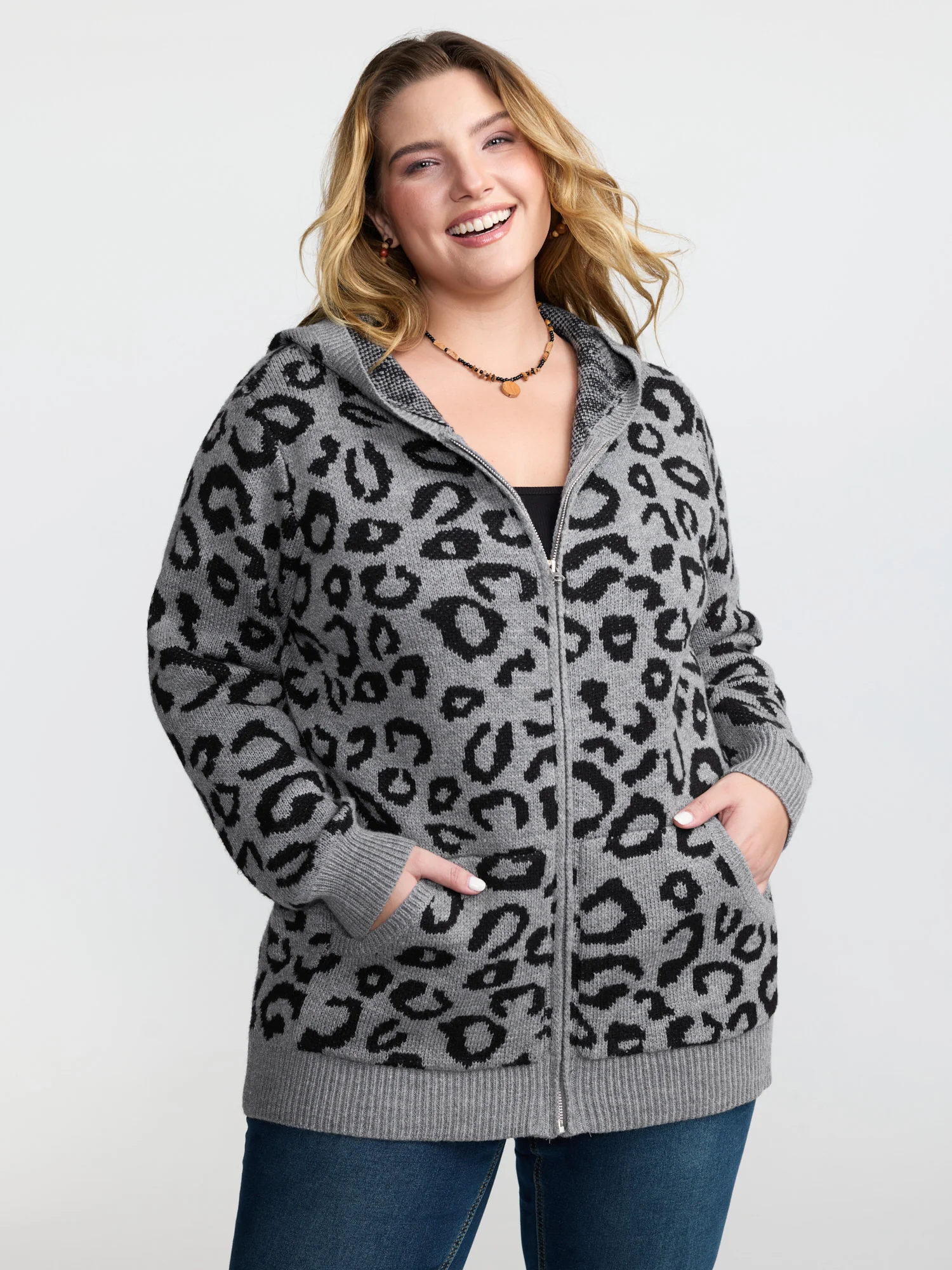 Leopard Print Jacquard Hooded Knit Cardigan