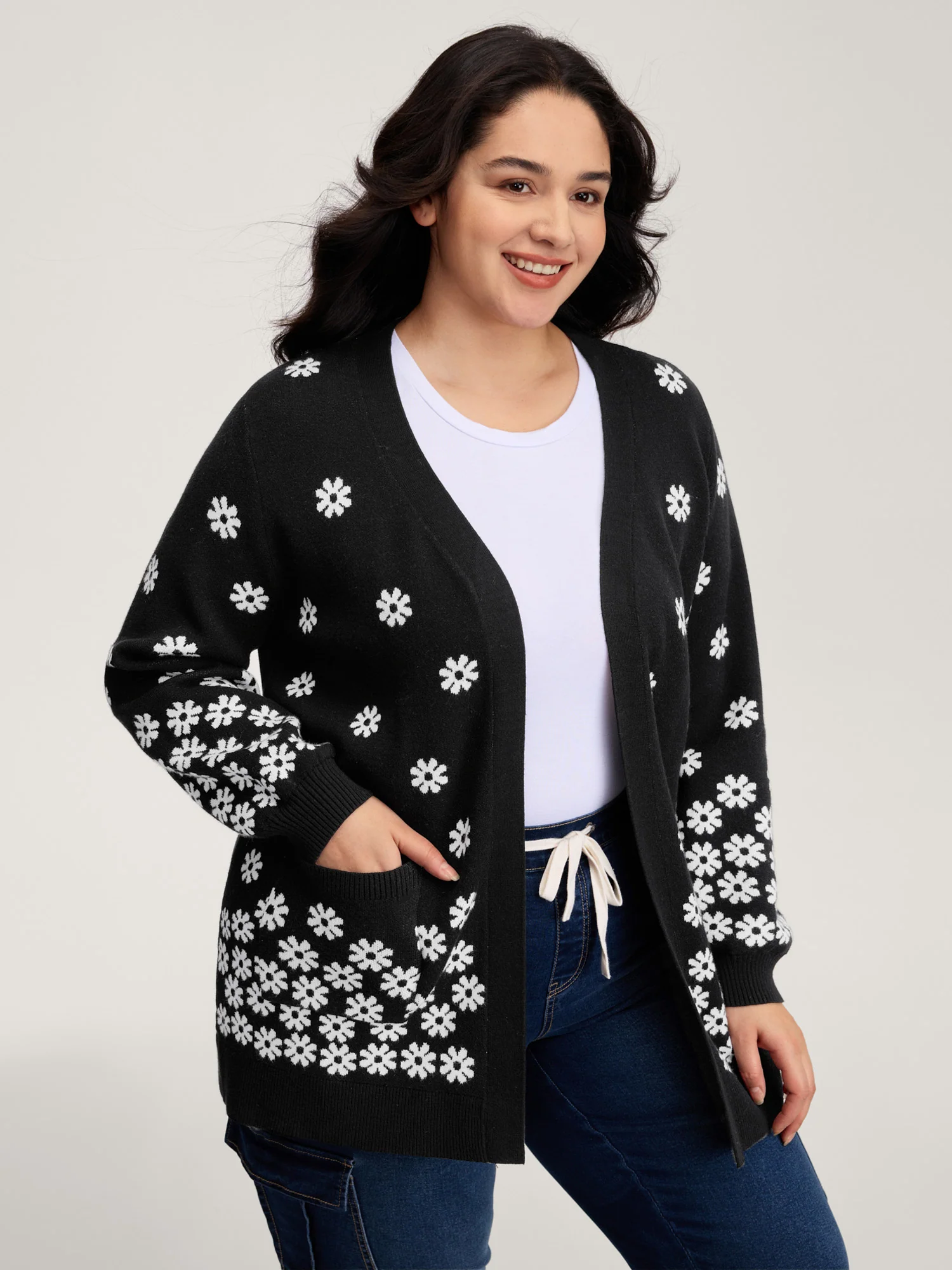 Scattered Floral Pattern Open-Front Cardigan