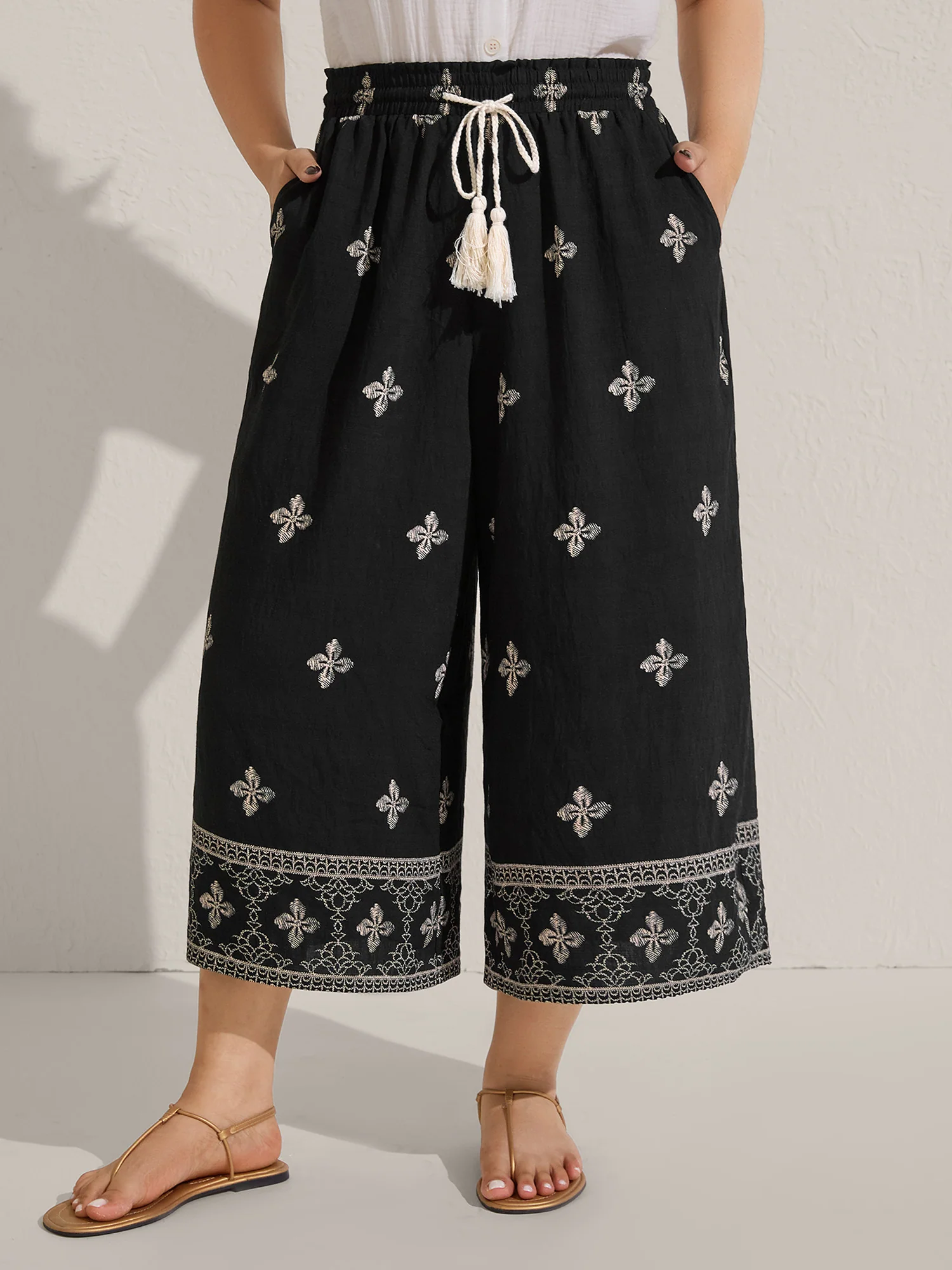 Boho Print Color Contrast Wide-Leg Pants