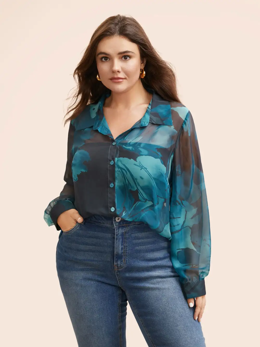 Watercolor Floral Mesh Shirt Collar Blouse