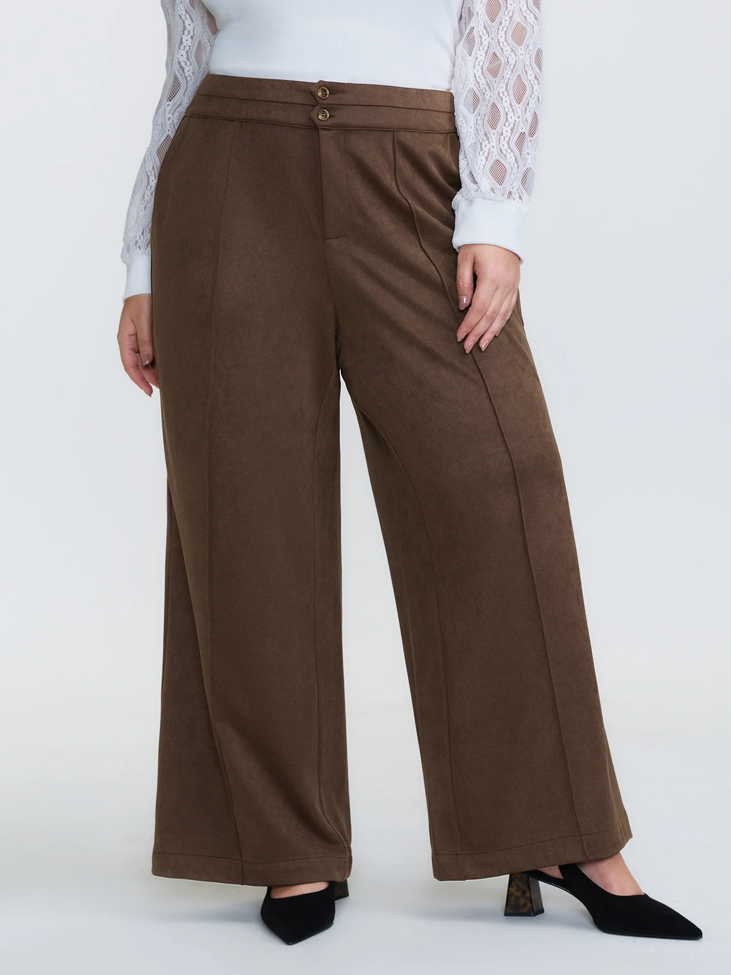 Pleated Double Button Flared Hem Pants