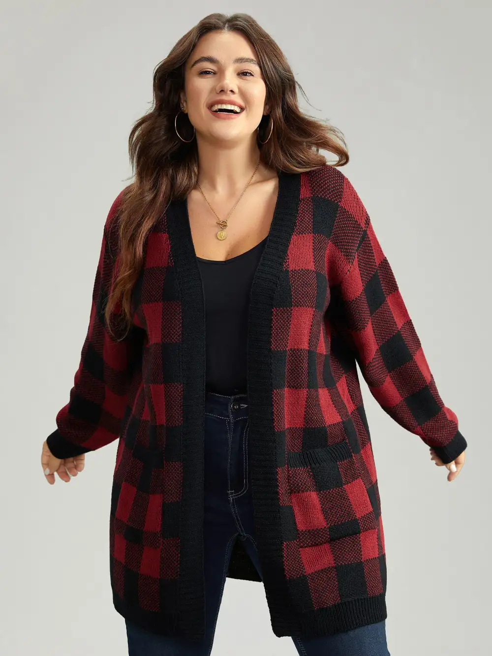 Plaid Patched Pocket Loose Cardigan