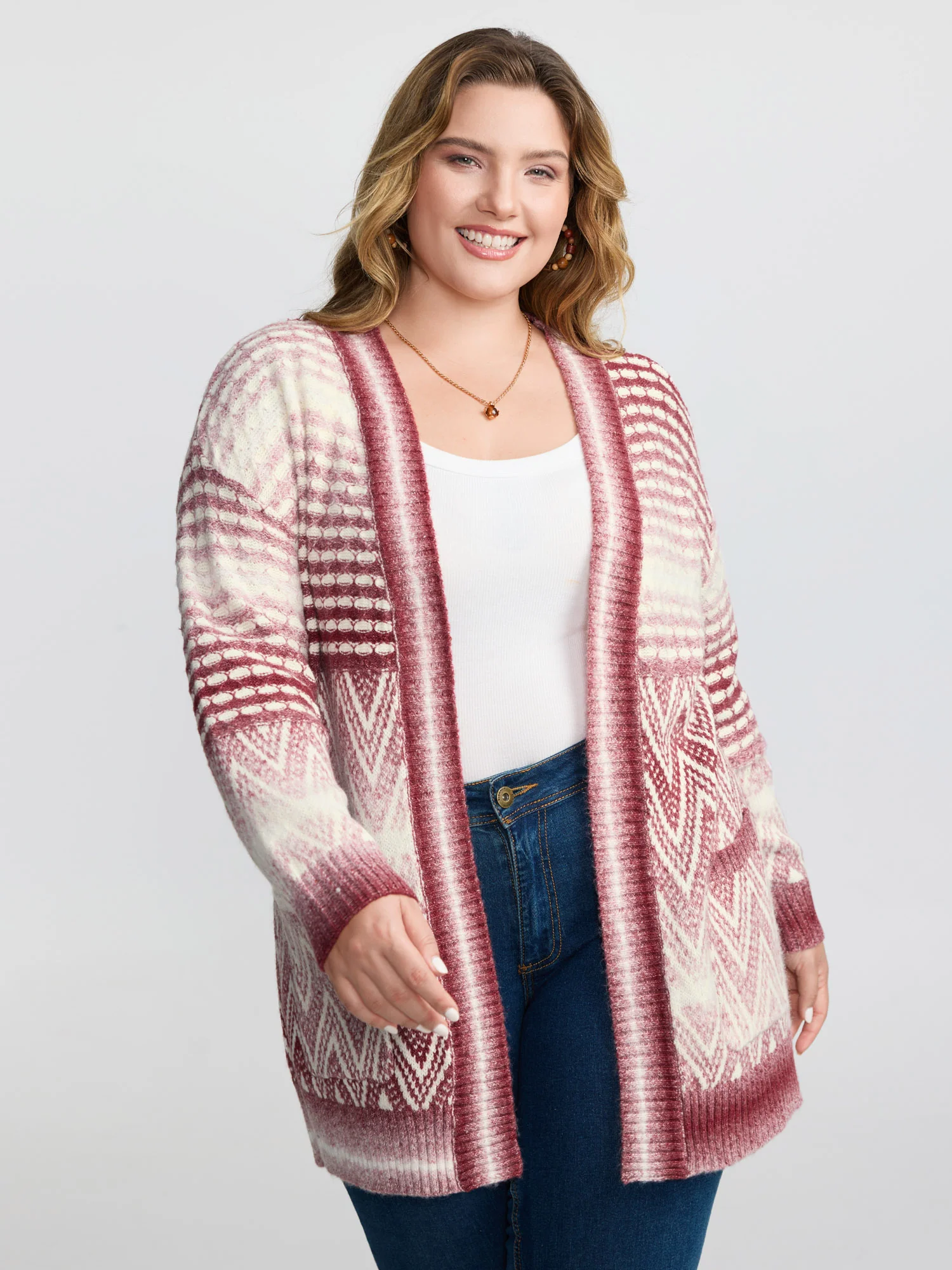 Geometric Pattern Pockets Open-Front Knit Cardigan