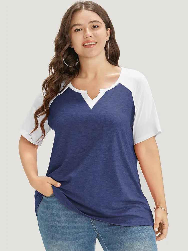 Colorblock Contrast Notched Raglan Sleeve T-shirt