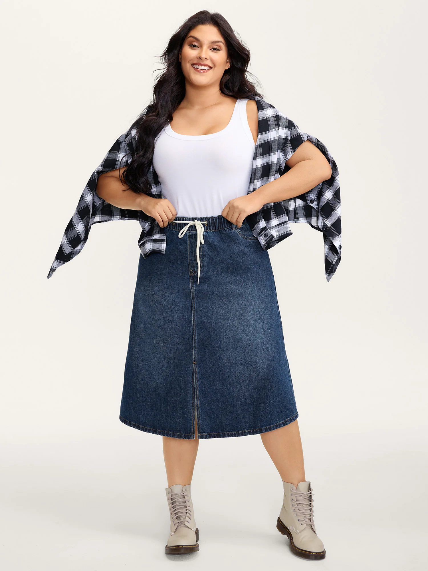Drawstring Front Slit Stretchy Waist Midi Denim Skirt