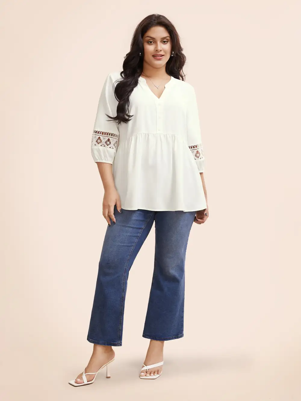 Notched Patchwork Cut Out Lantern Sleeve Blouse