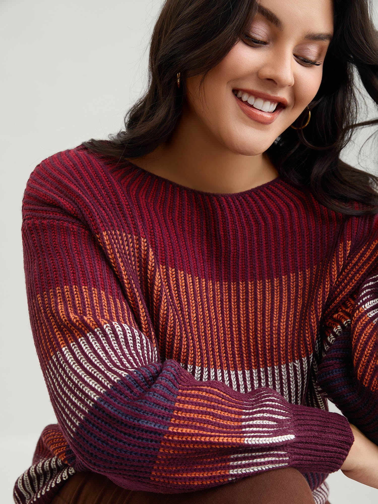 Textured Striped Contrast Patchwork Pullover