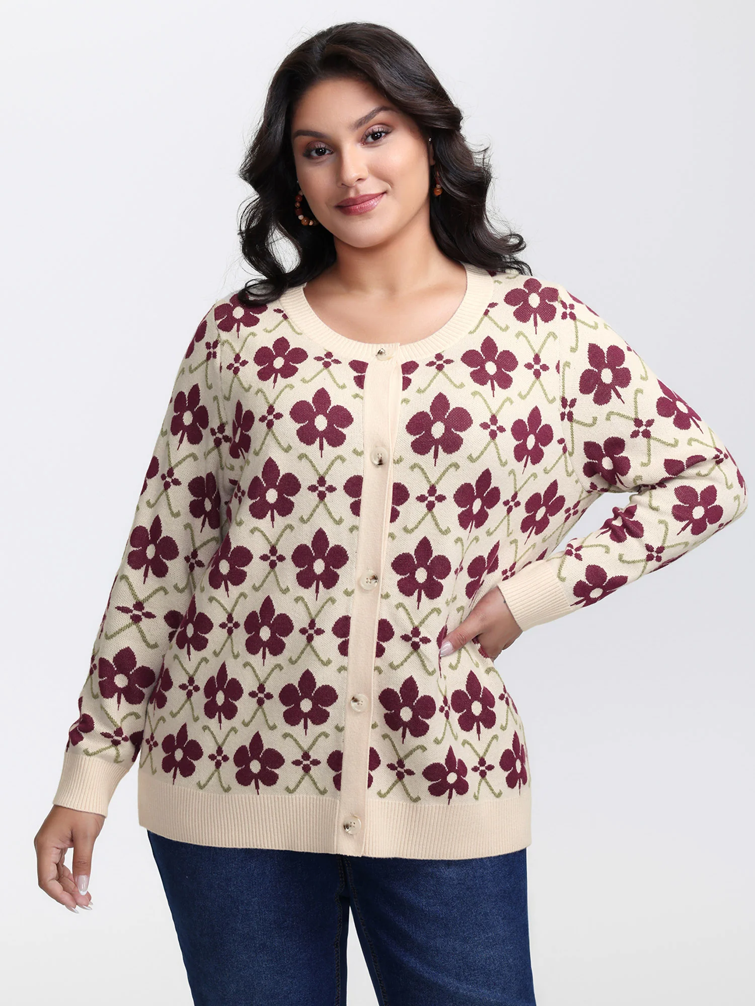 Floral Jacquard Button Knit Cardigan