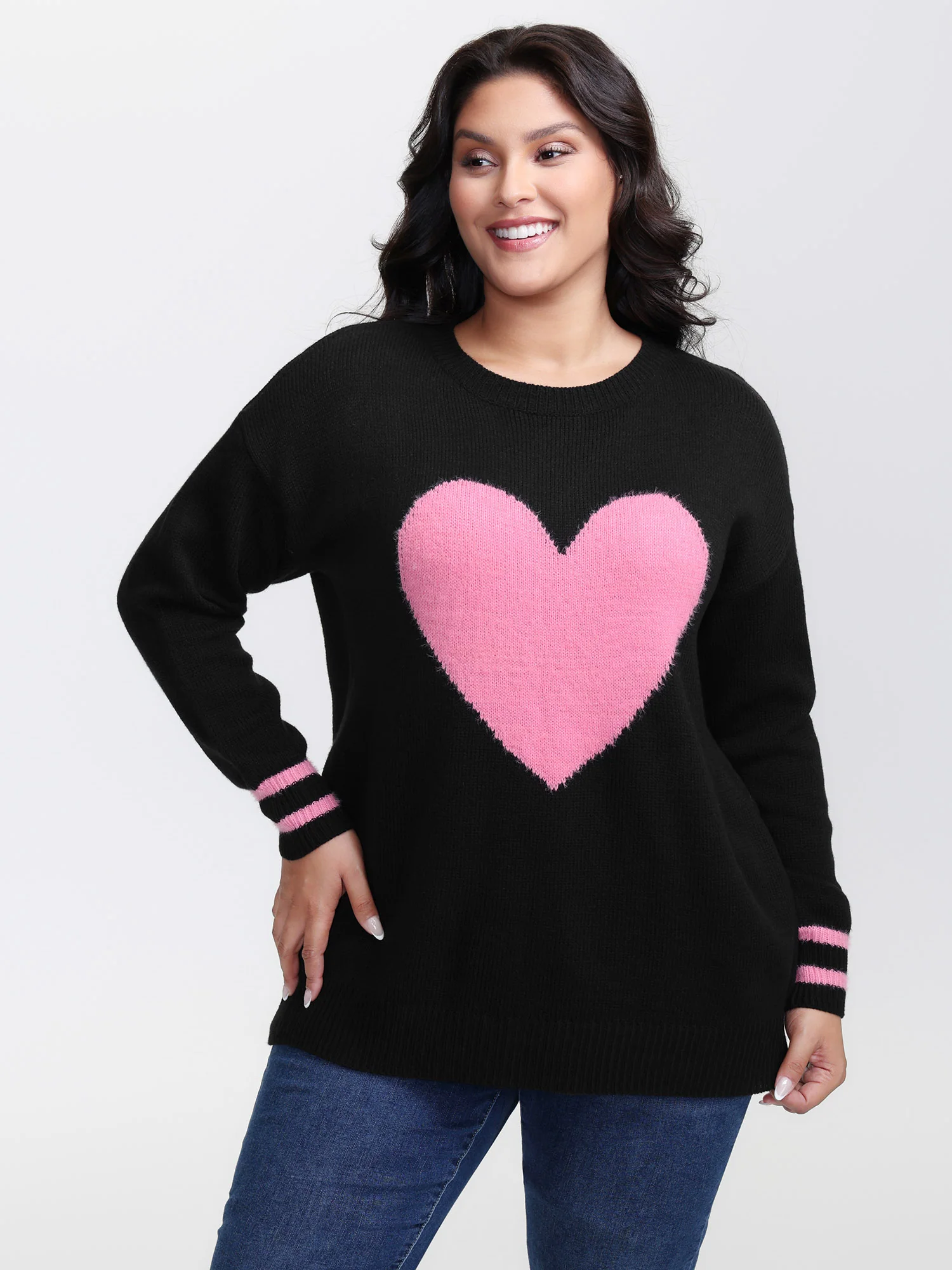 Heart Motif Textured Contrast Pullover