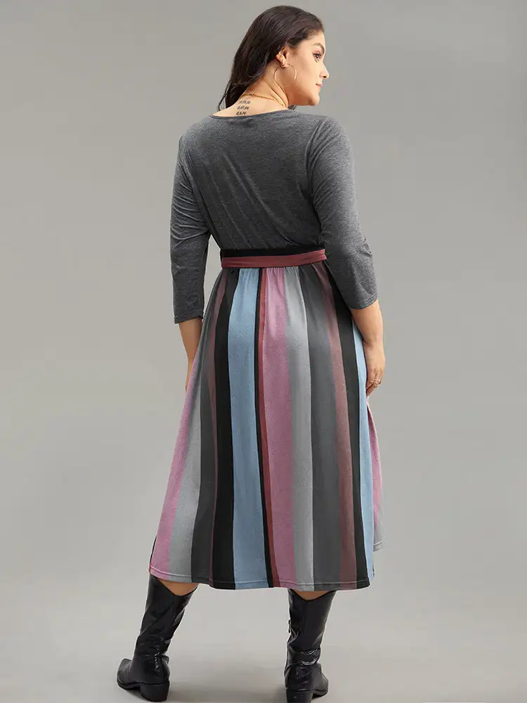 Striped Contrast Patchwork Belted Dress