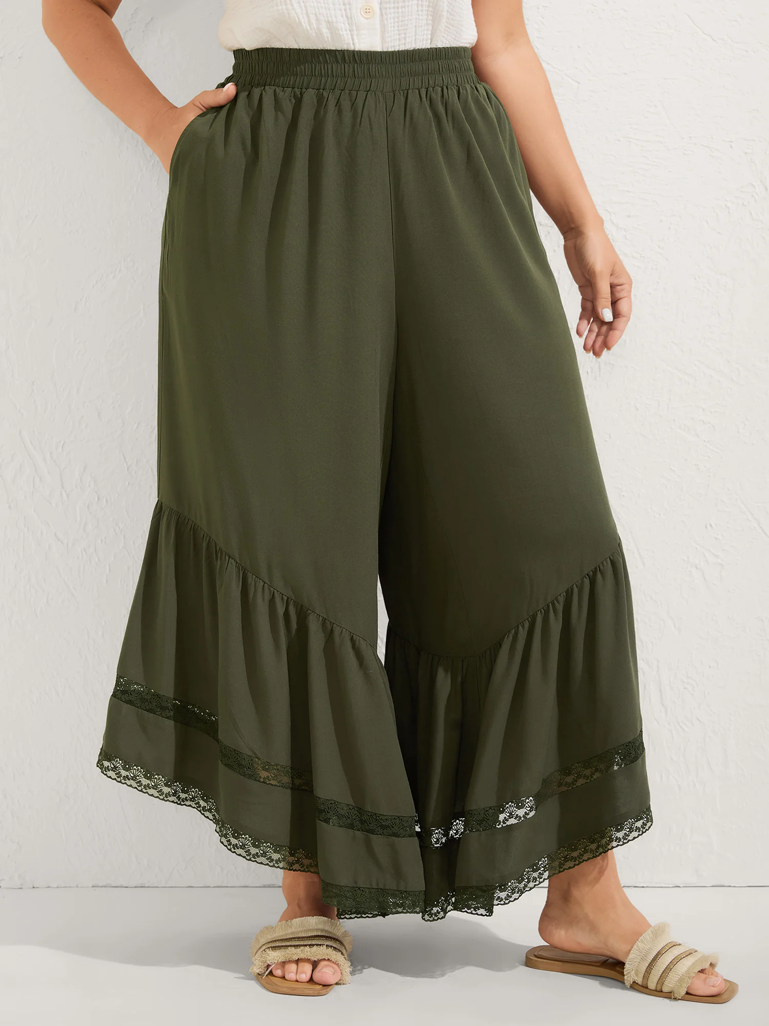 Ruffled Lace Hem Wide-Leg Pants