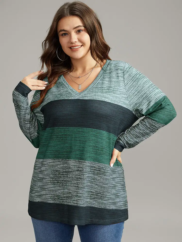 Striped Colorblock Contrast V Neck T-Shirt