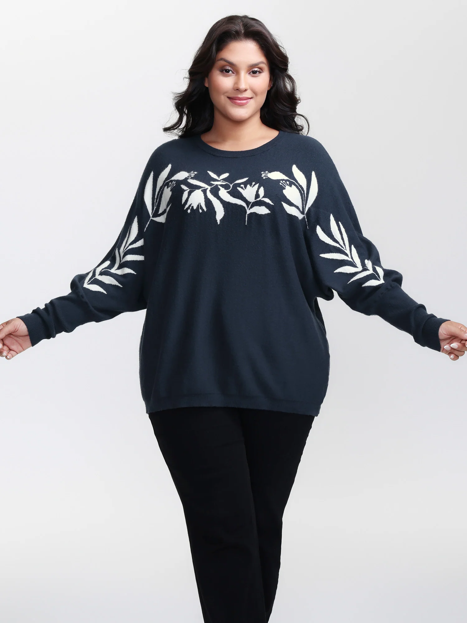 Floral Neckline Dolman Sleeve Pullover