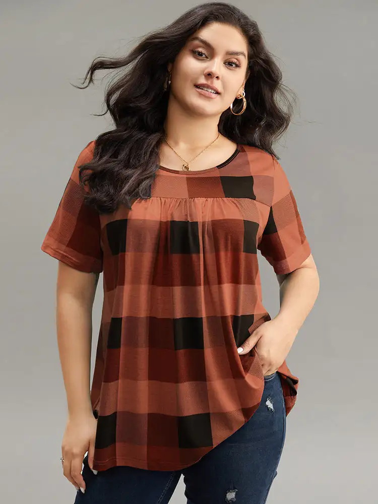 Plaid Round Neck Gathered T-Shirt