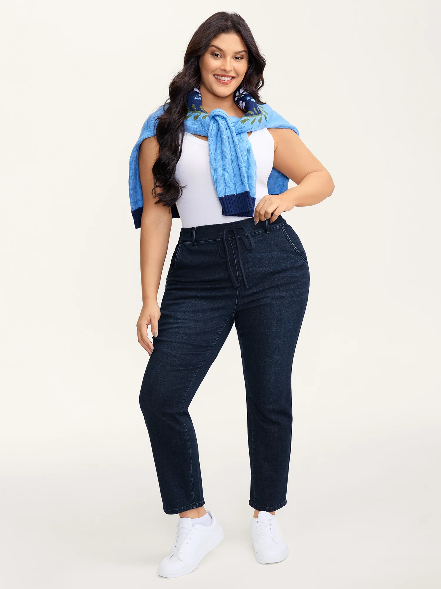 Supersoft Elastic Waistband Drawstring Straight Leg Jeans