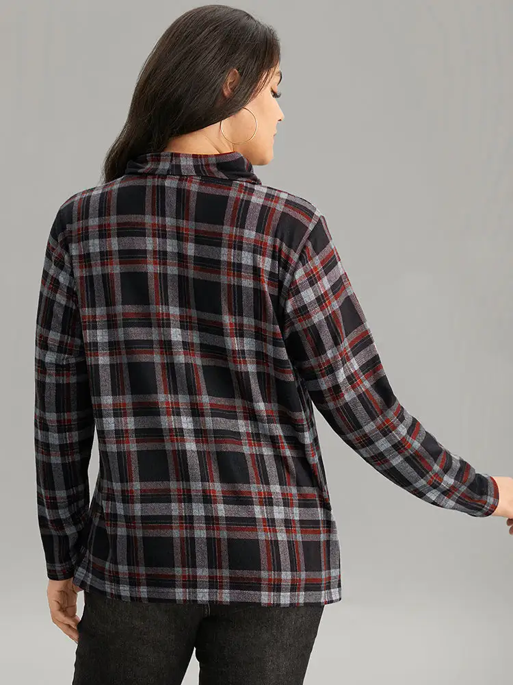 Plaid Funnel Neck Button Detail T-Shirt