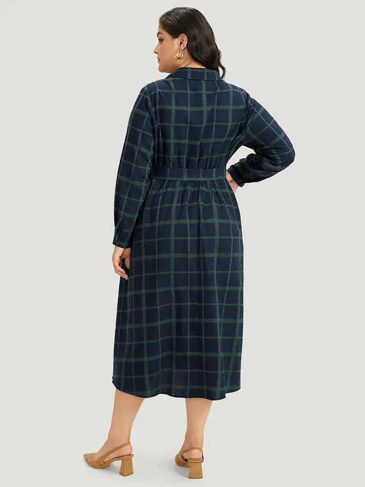 Plaid Shirt Collar Button Fly Belted Dress
