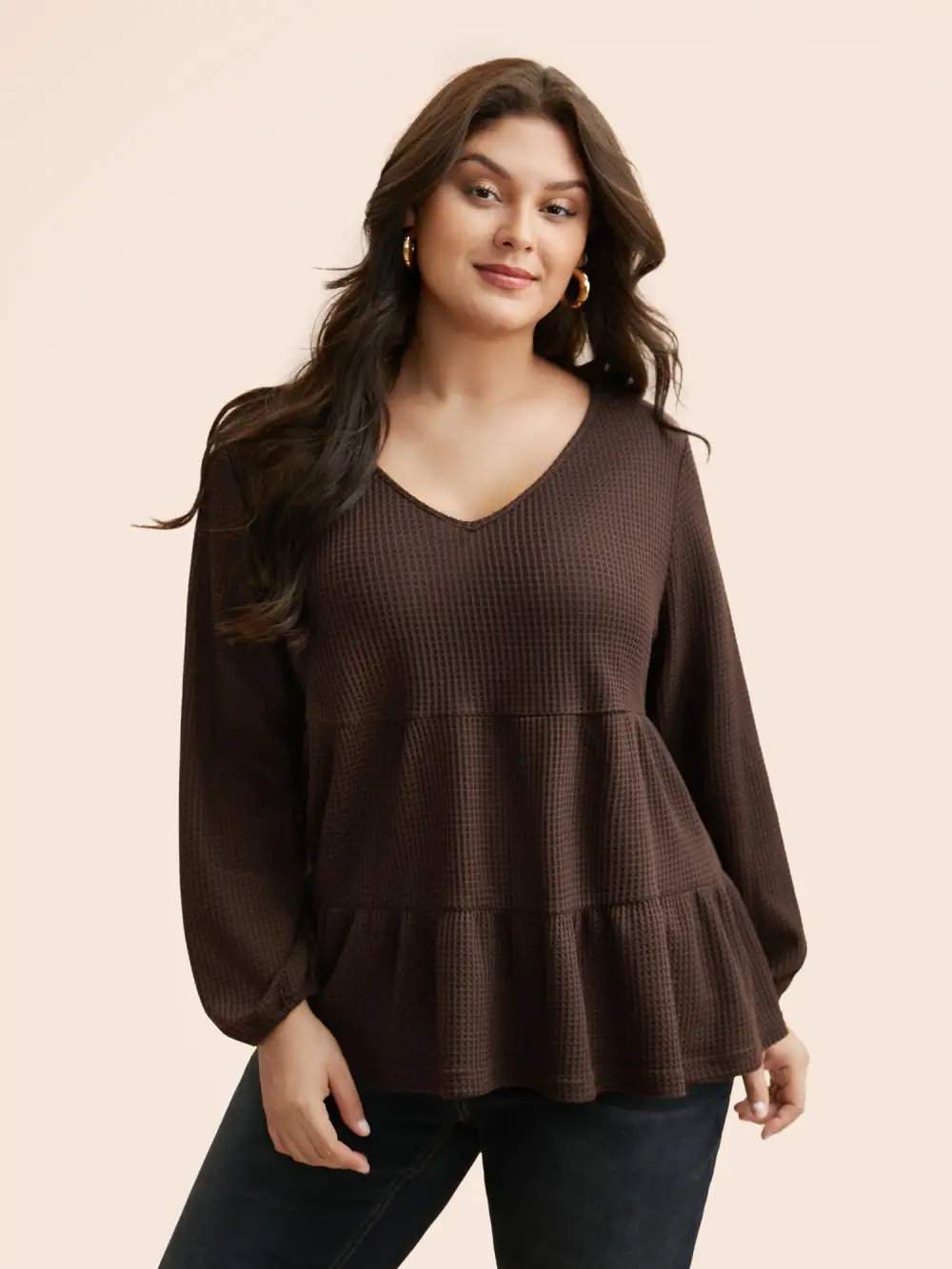 Solid Waffle Knit Ruffle Hem T-Shirt