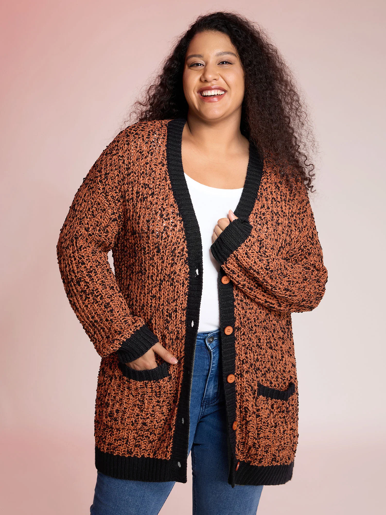 Textured Color Contrast Edges Pockets Cardigan