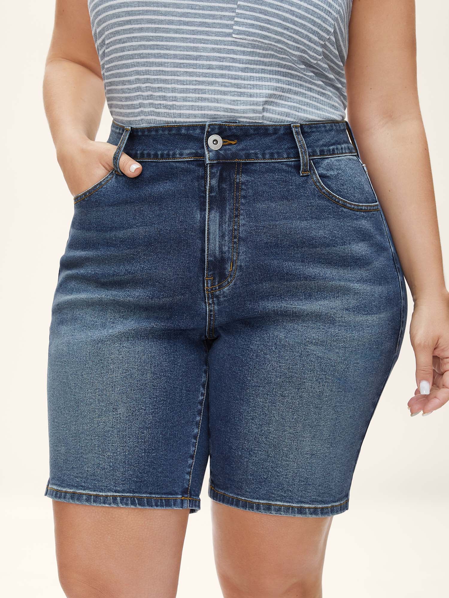 Stretch Straight-Leg Faded Denim Shorts