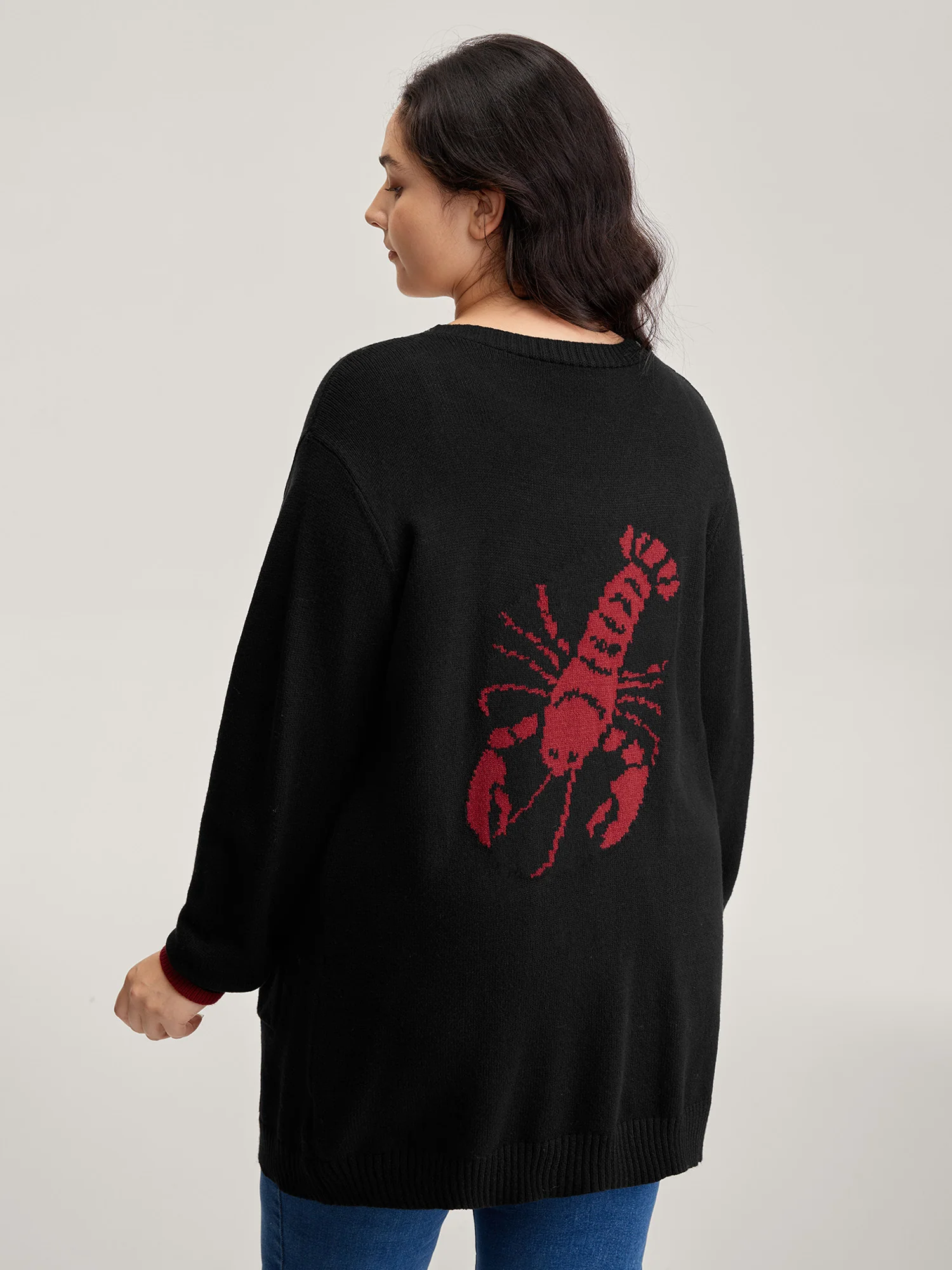 Lobster Jacquard Pockets Color Block Knit Cardigan