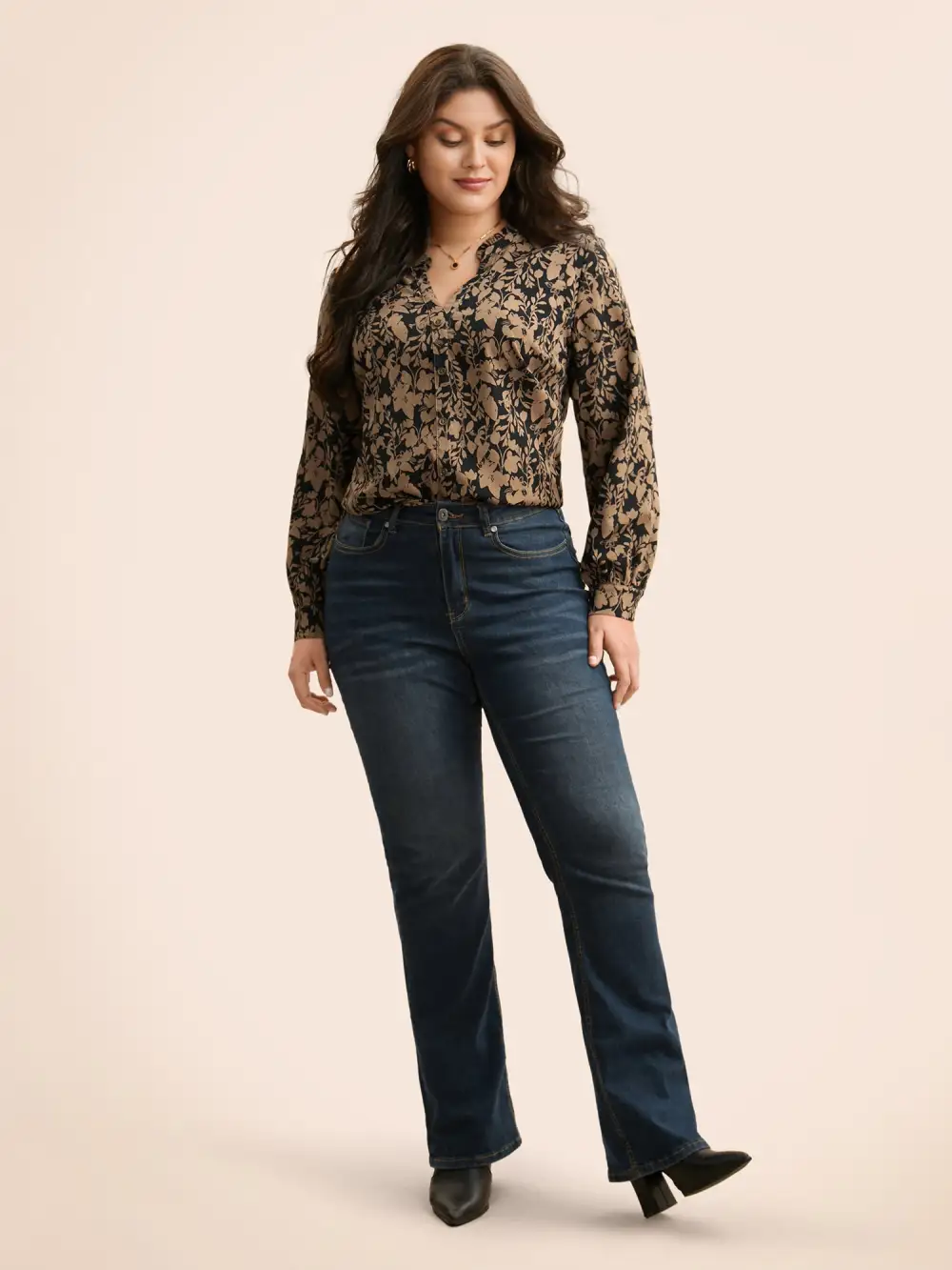 Silhouette Floral Print Notched Frill Trim Blouse